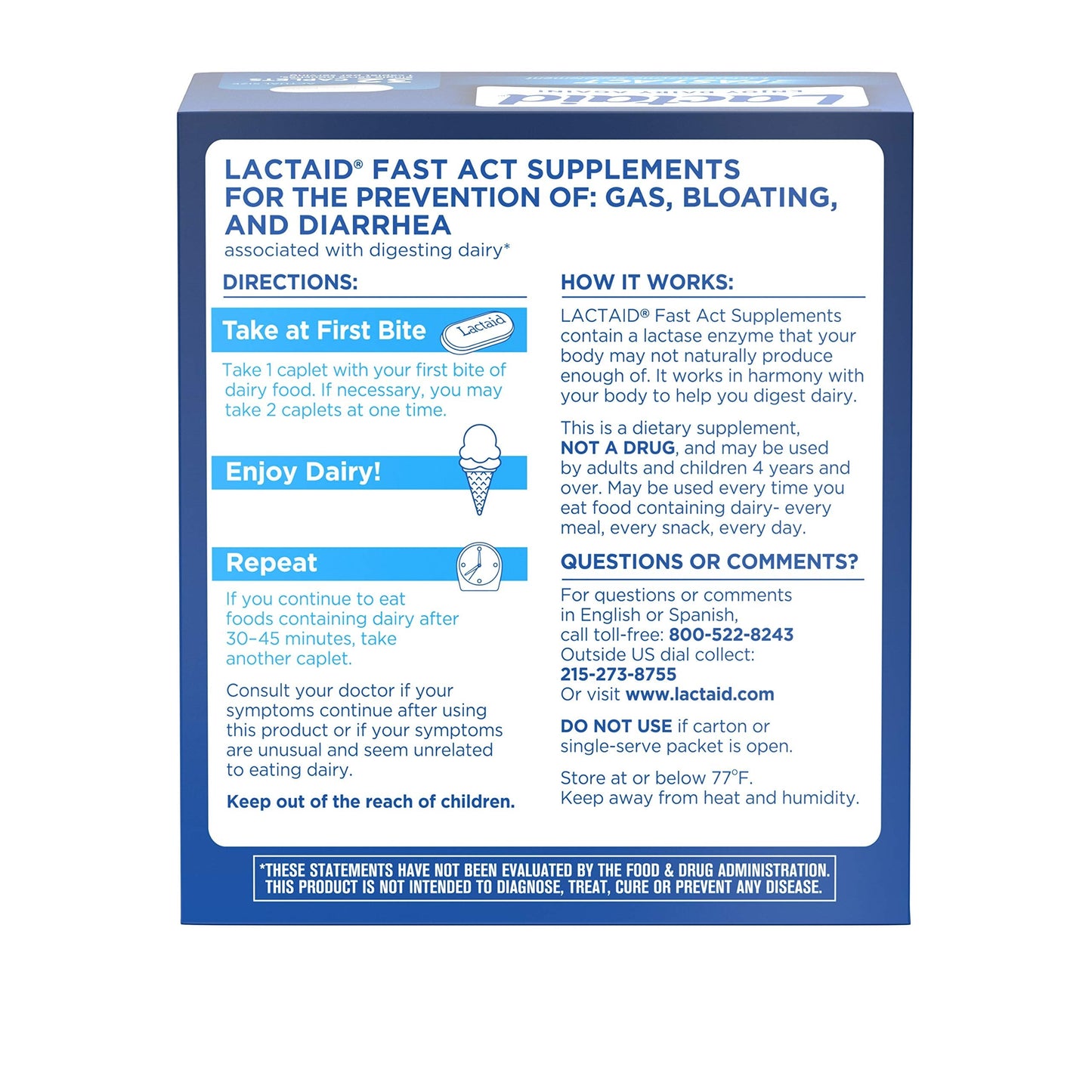 Lactaid Fast Act 32 count box showing full product display and usage directions