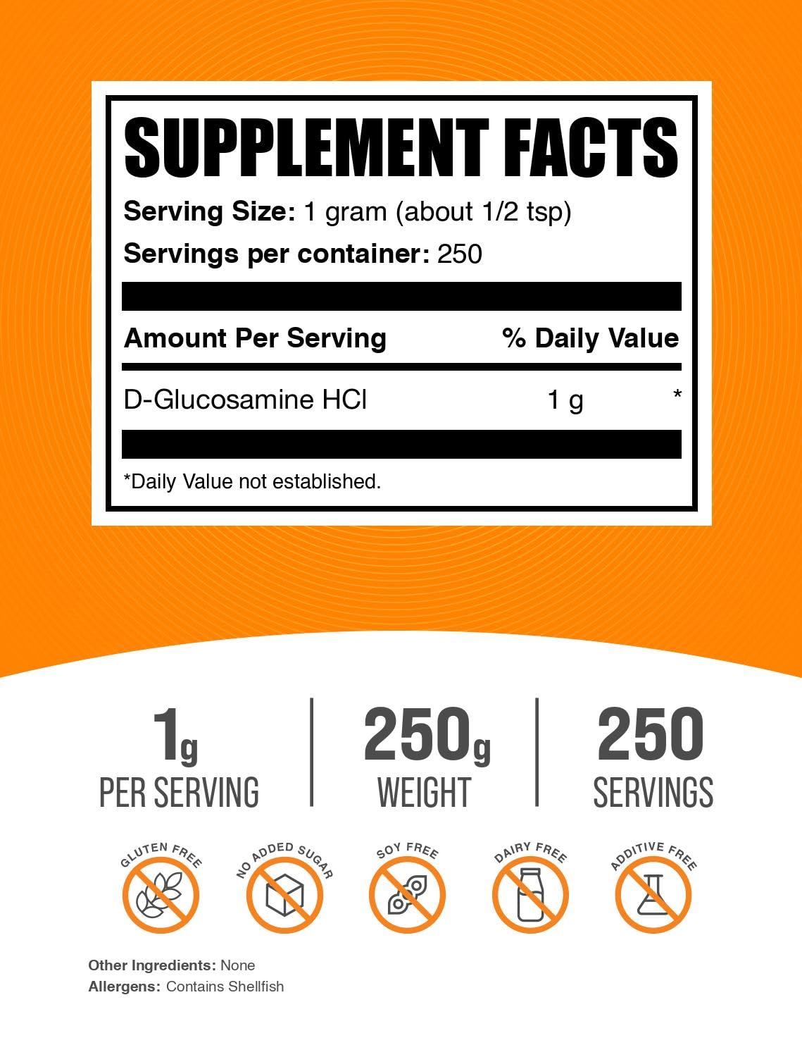 BulkSupplements pure unflavored glucosamine hydrochloride powder back label instructions