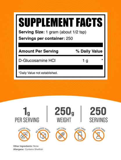 BulkSupplements pure unflavored glucosamine hydrochloride powder back label instructions