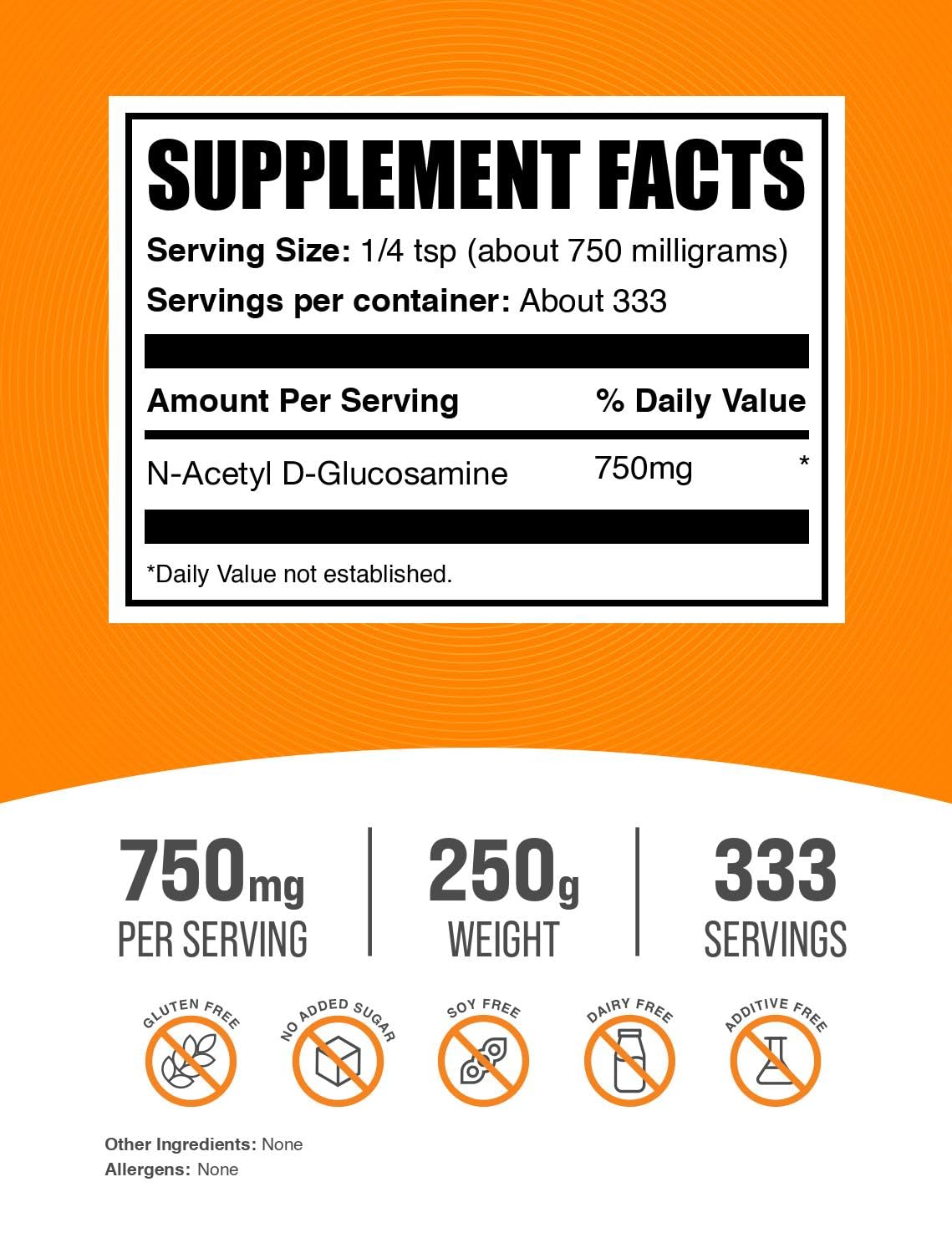 Back label view of BulkSupplements N-Acetyl D-Glucosamine powder detailing ingredient purity and cGMP compliance instructions.