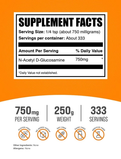 Back label view of BulkSupplements N-Acetyl D-Glucosamine powder detailing ingredient purity and cGMP compliance instructions.