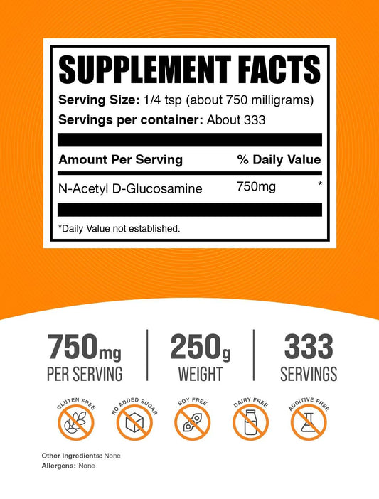 Back label view of BulkSupplements N-Acetyl D-Glucosamine powder detailing ingredient purity and cGMP compliance instructions.