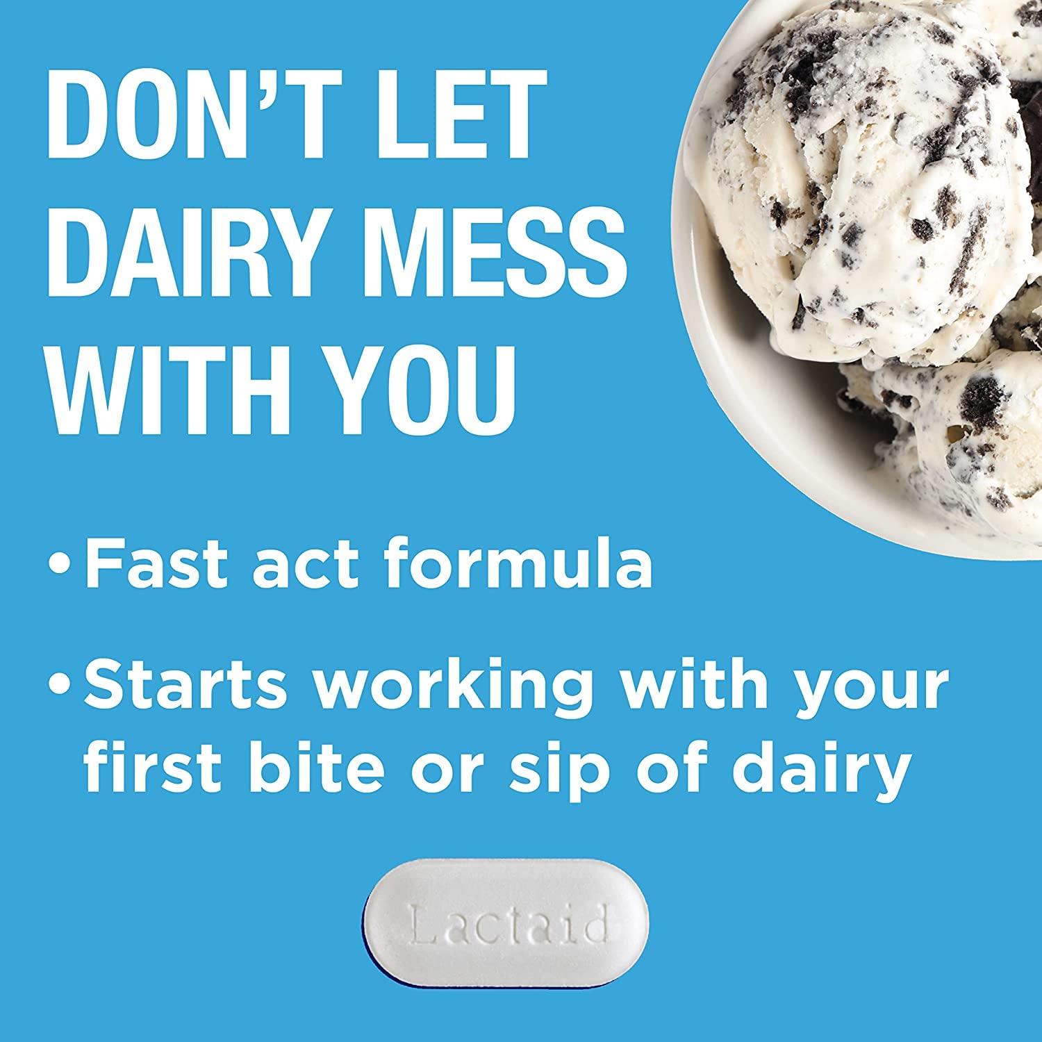 Lactaid Fast Act Lactase Enzyme Supplement side view displaying product benefits and travel pack details.