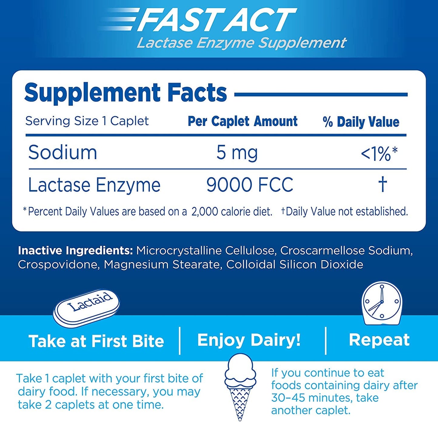Lactaid Fast Act Caplets supplement facts and directions label close up.