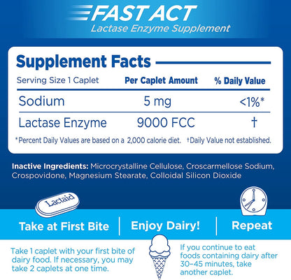 Lactaid Fast Act Caplets supplement facts and directions label close up.