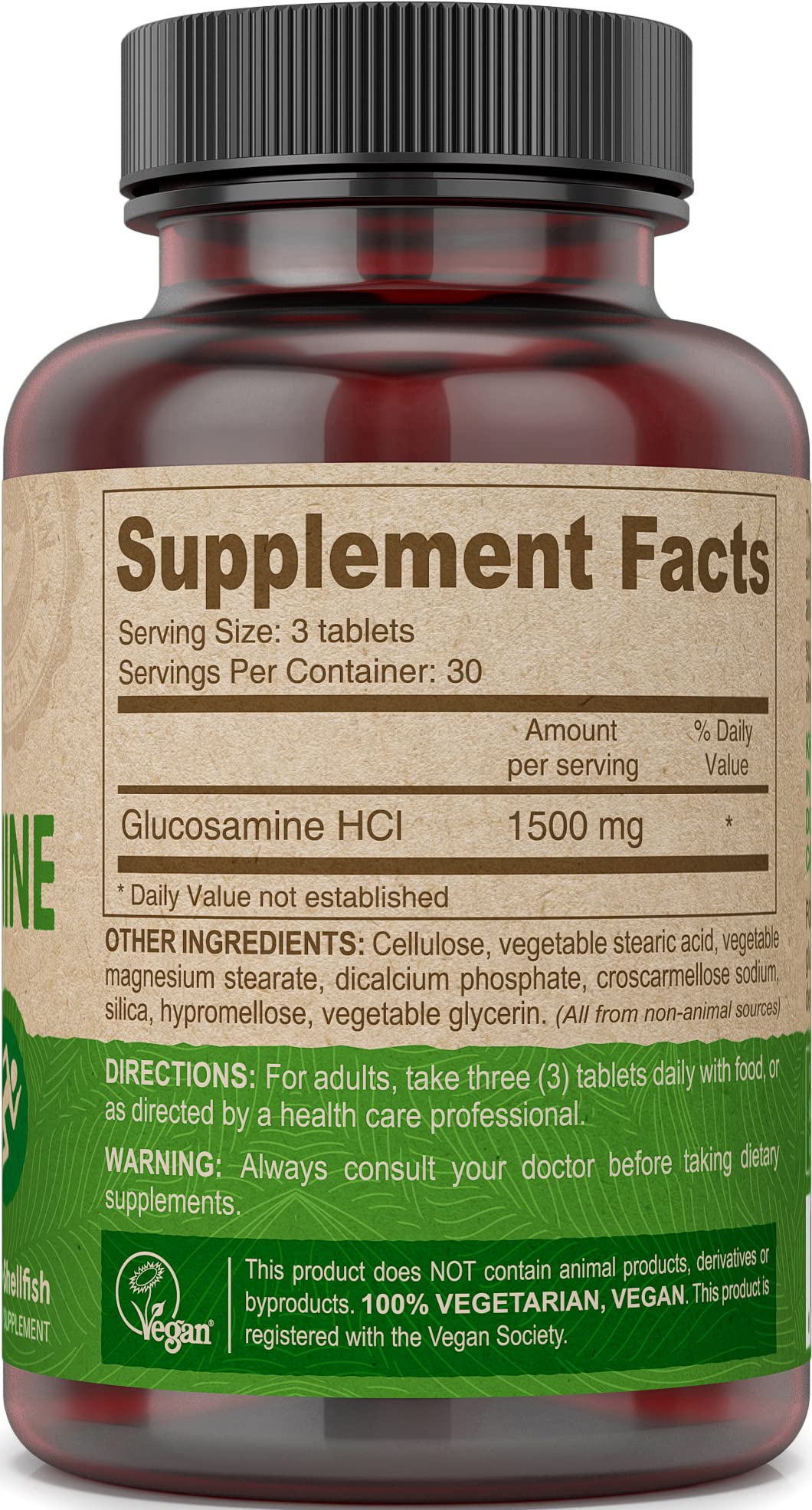 Side profile of DEVA vegan society certified glucosamine tablets showing bottle seals