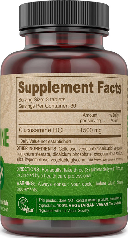 Side profile of DEVA vegan society certified glucosamine tablets showing bottle seals