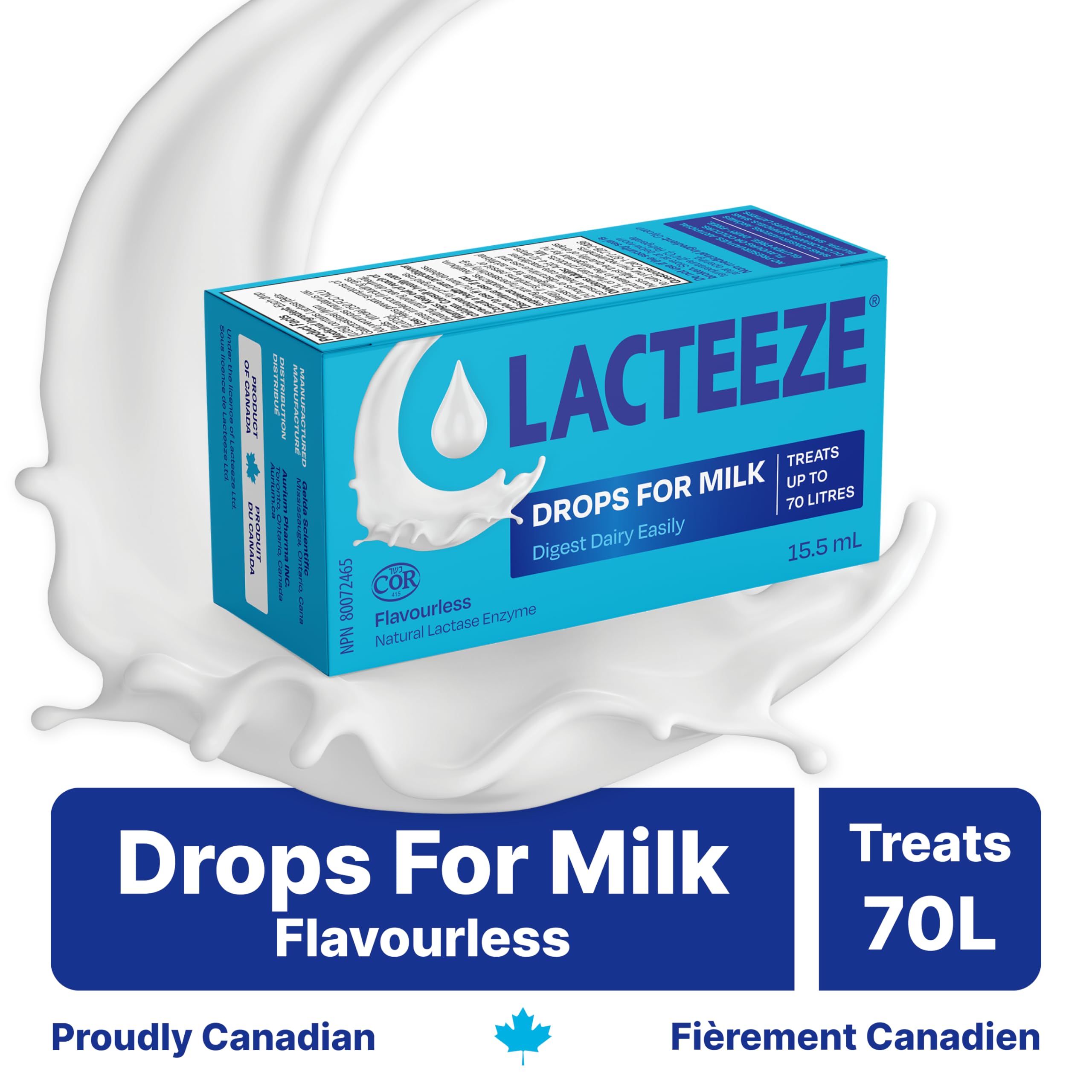 Lacteeze liquid lactase enzyme 15.5ml bottle showing natural digestive supplement benefits