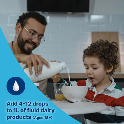 Side view of Lacteeze drops box listing instructions for treating fresh milk and breastmilk