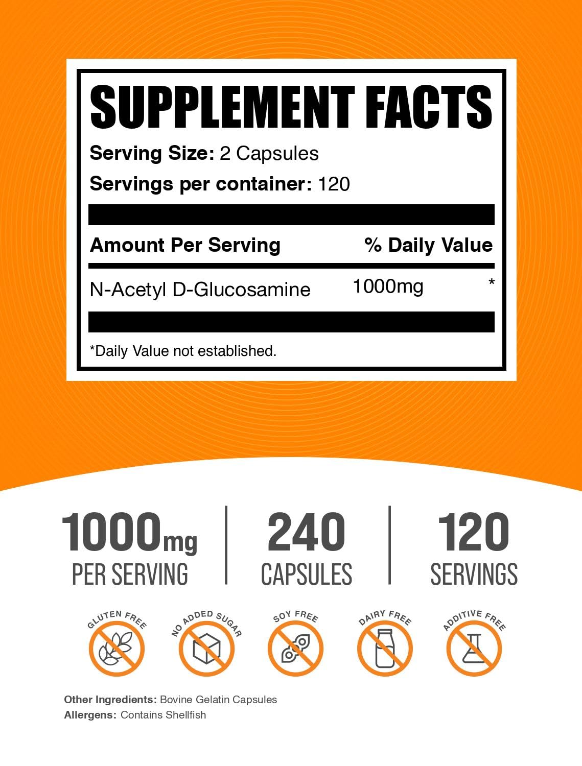 BulkSupplements NAG 1000mg capsules bottle label showing nutritional facts