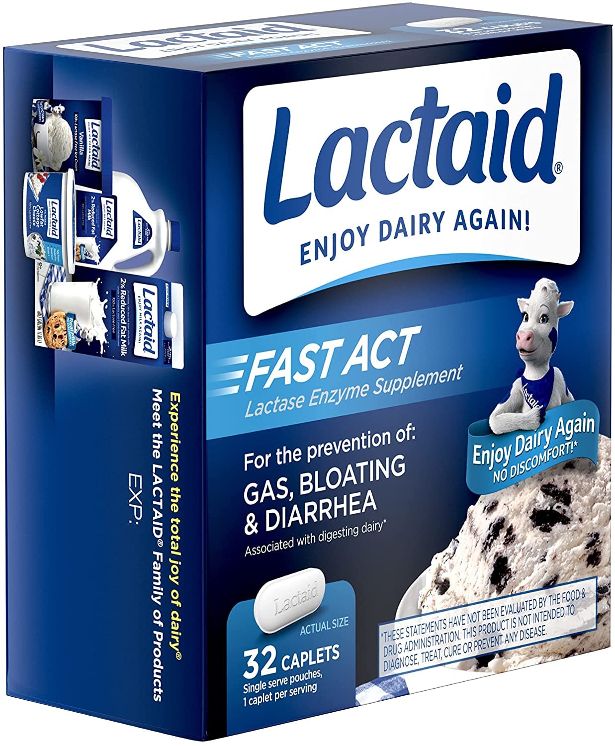 Lactaid Lactase Enzyme Caplets showing expiration date and manufacturer information on the box.
