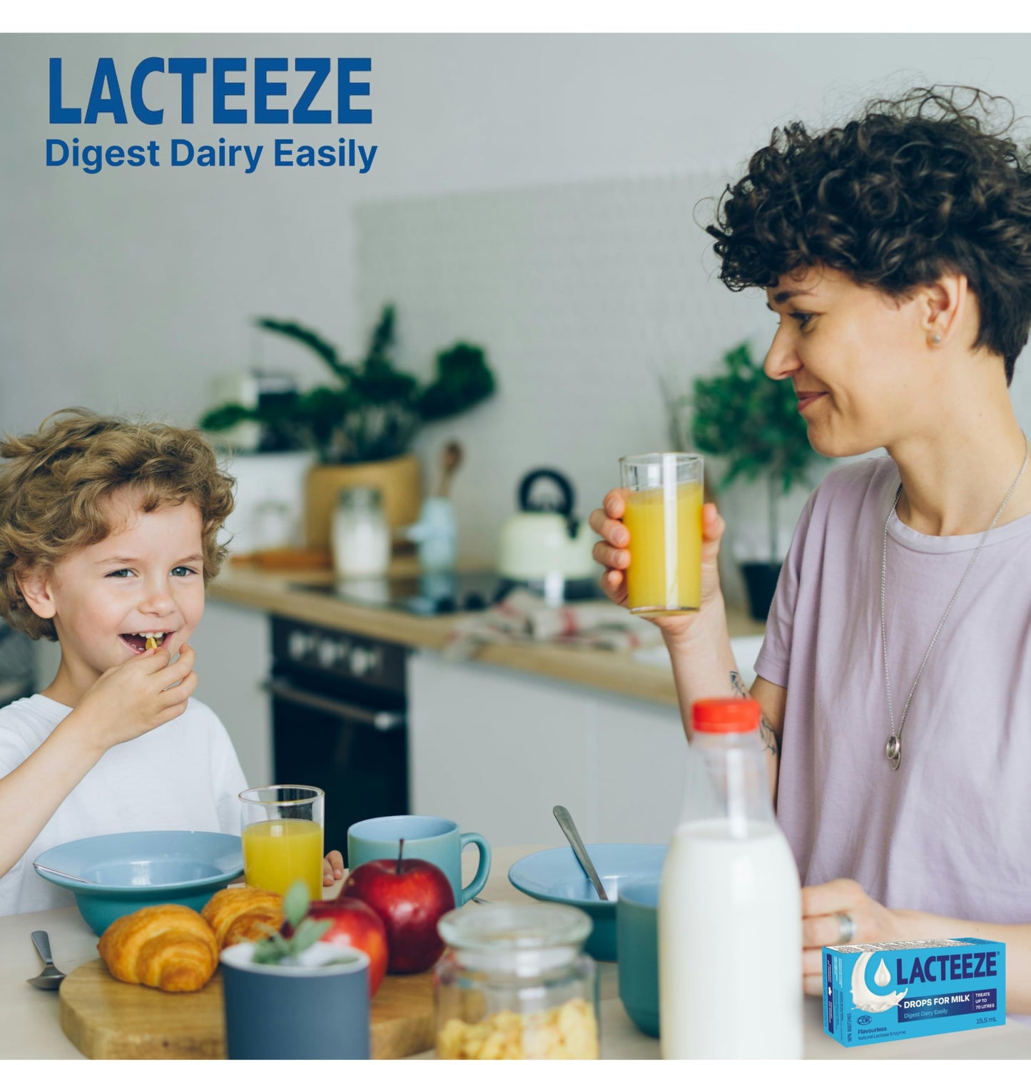 Close up of Lacteeze Milk Drops packaging highlighting the drug free and gluten free labels