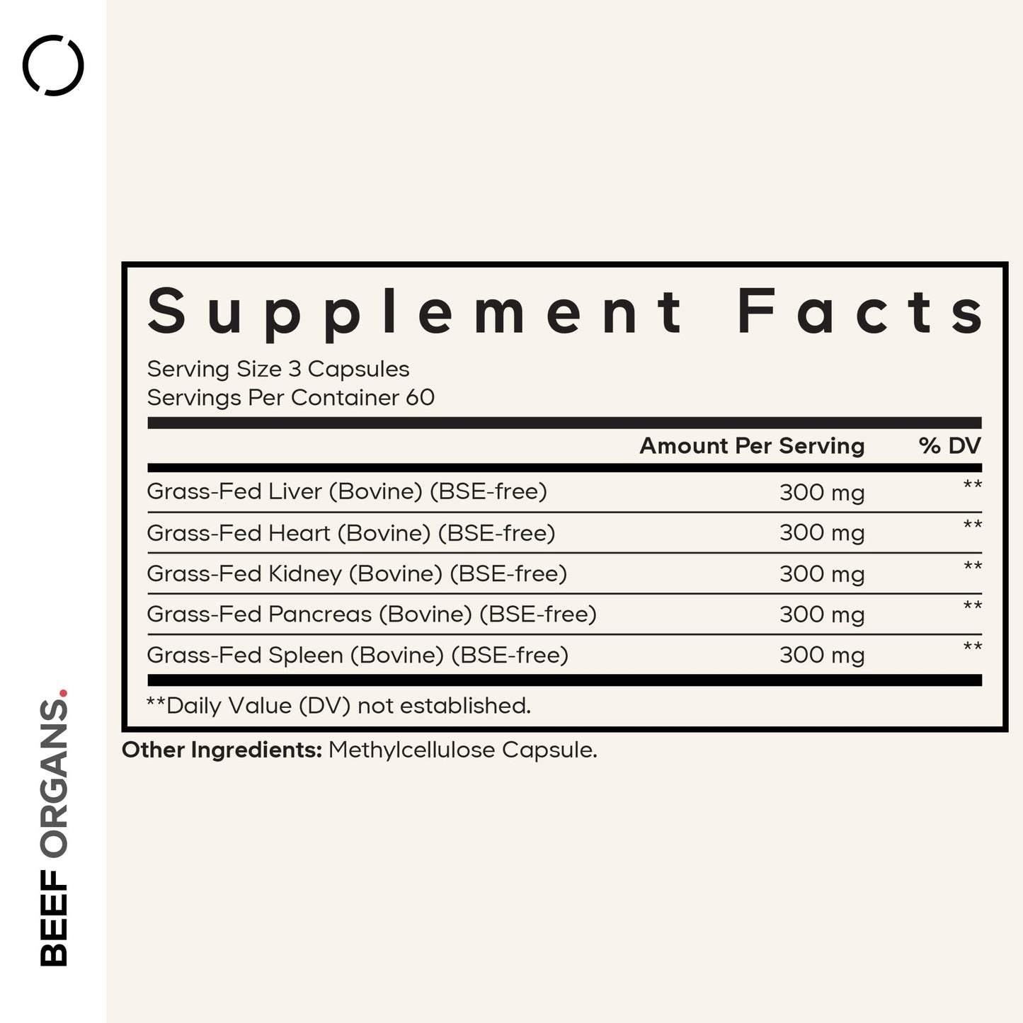 Side angle of Codeage desiccated multi-organ supplement bottle showcasing the clean ingredient list.