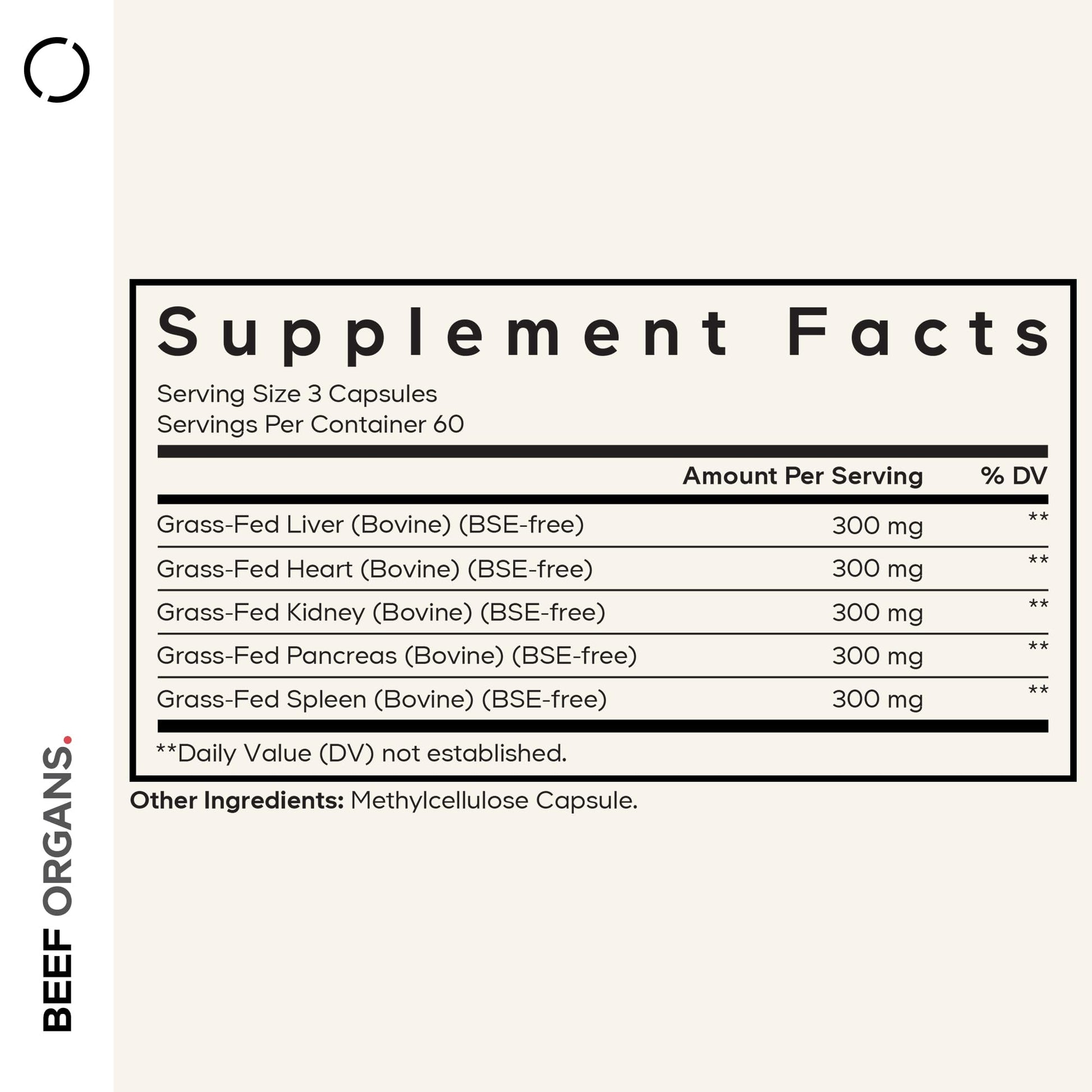 Side angle of Codeage desiccated multi-organ supplement bottle showcasing the clean ingredient list.