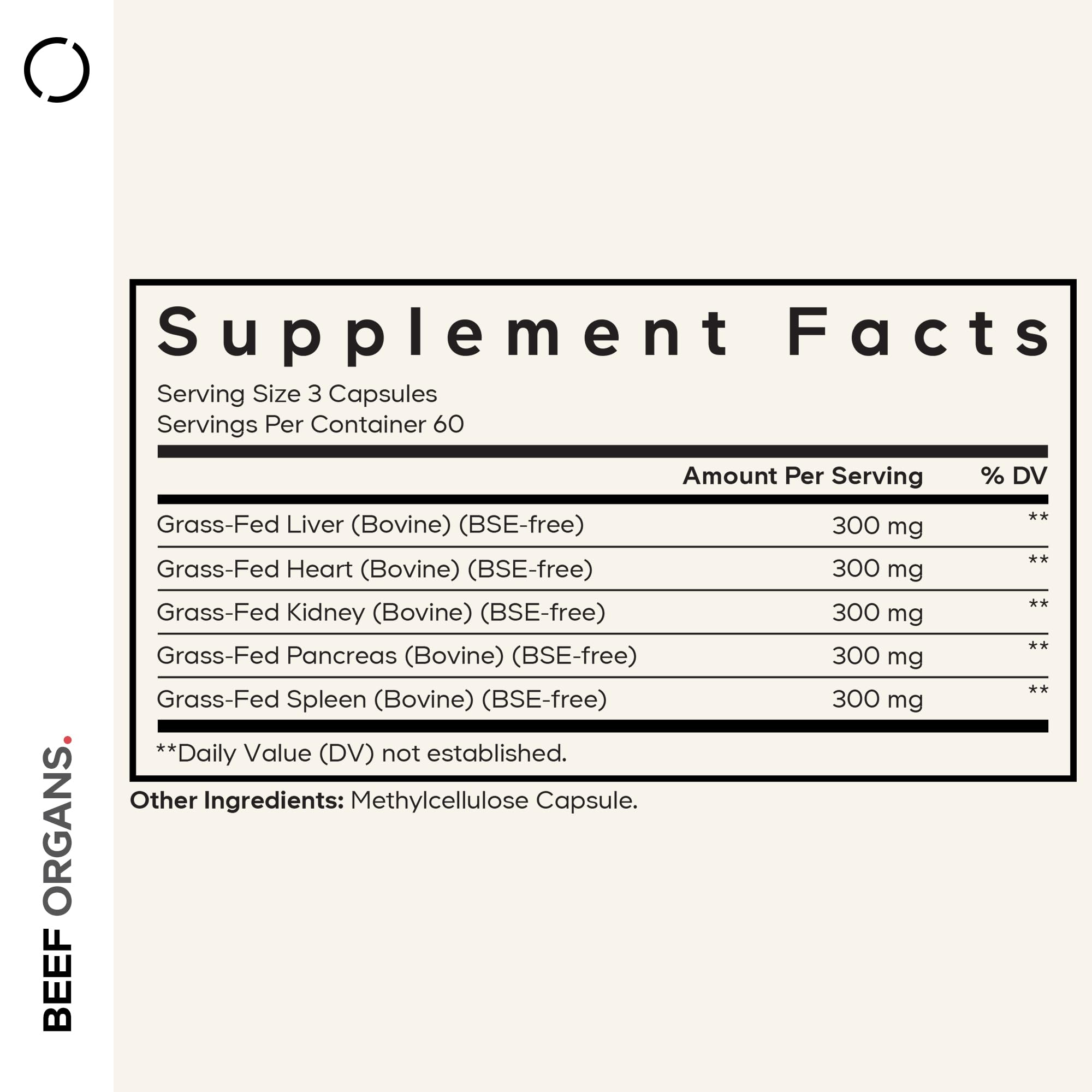 Side angle of Codeage desiccated multi-organ supplement bottle showcasing the clean ingredient list.