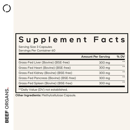 Side angle of Codeage desiccated multi-organ supplement bottle showcasing the clean ingredient list.