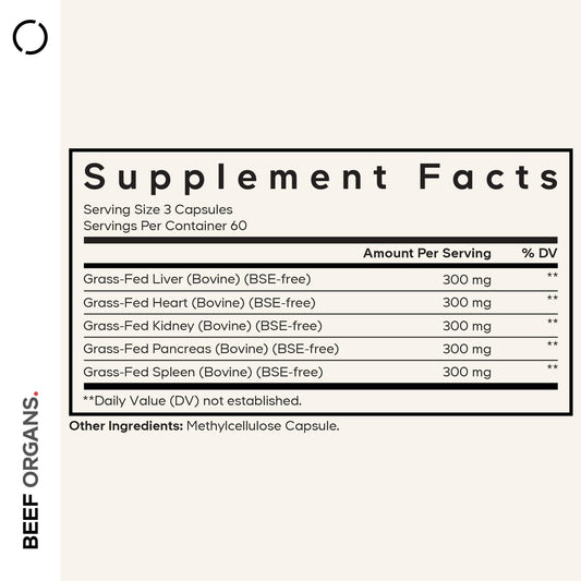 Side angle of Codeage desiccated multi-organ supplement bottle showcasing the clean ingredient list.