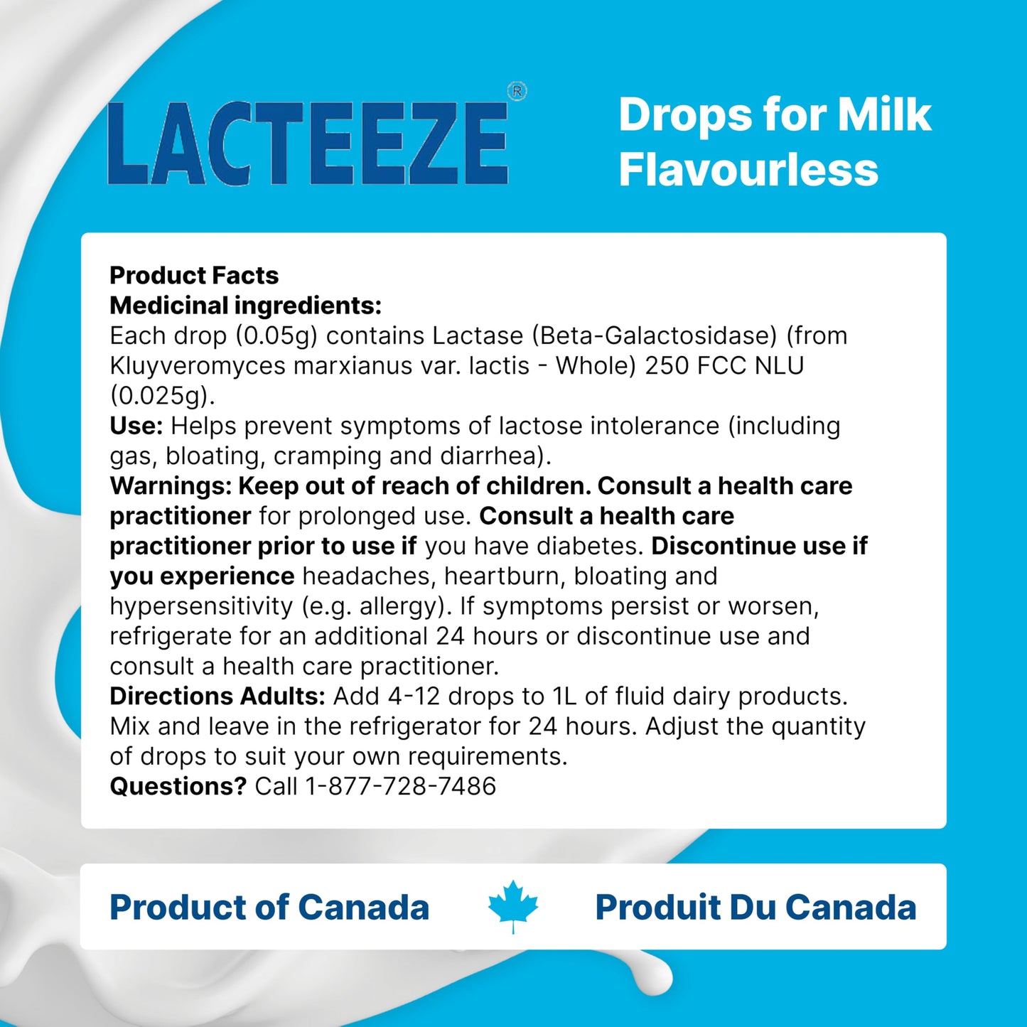 Lacteeze 15.5ml bottle detailing the liquid lactase enzyme formula for dairy liquids