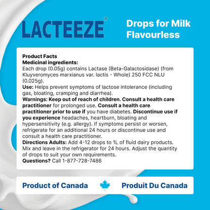 Lacteeze 15.5ml bottle detailing the liquid lactase enzyme formula for dairy liquids