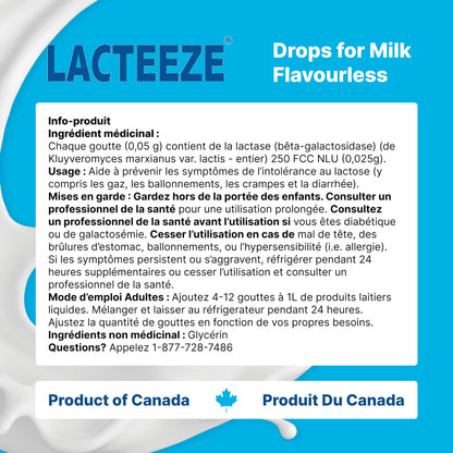 Gelda Scientific Lacteeze packaging demonstrating how to convert lactose into digestible sugars