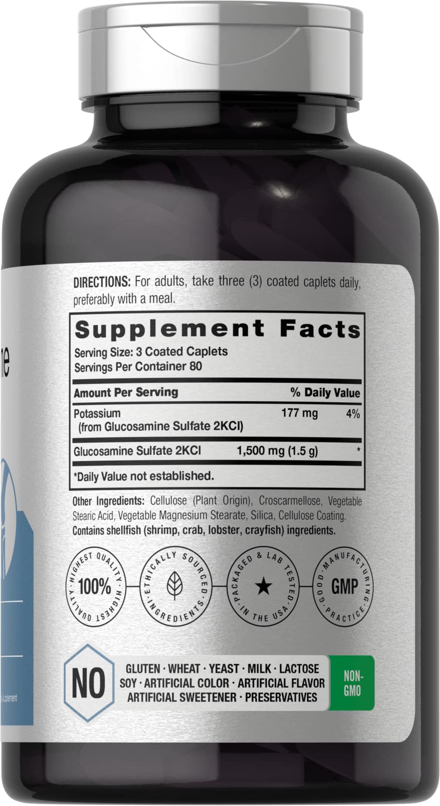 Horbaach Glucosamine Sulfate 2KCI with potassium ingredients list and supplement facts label