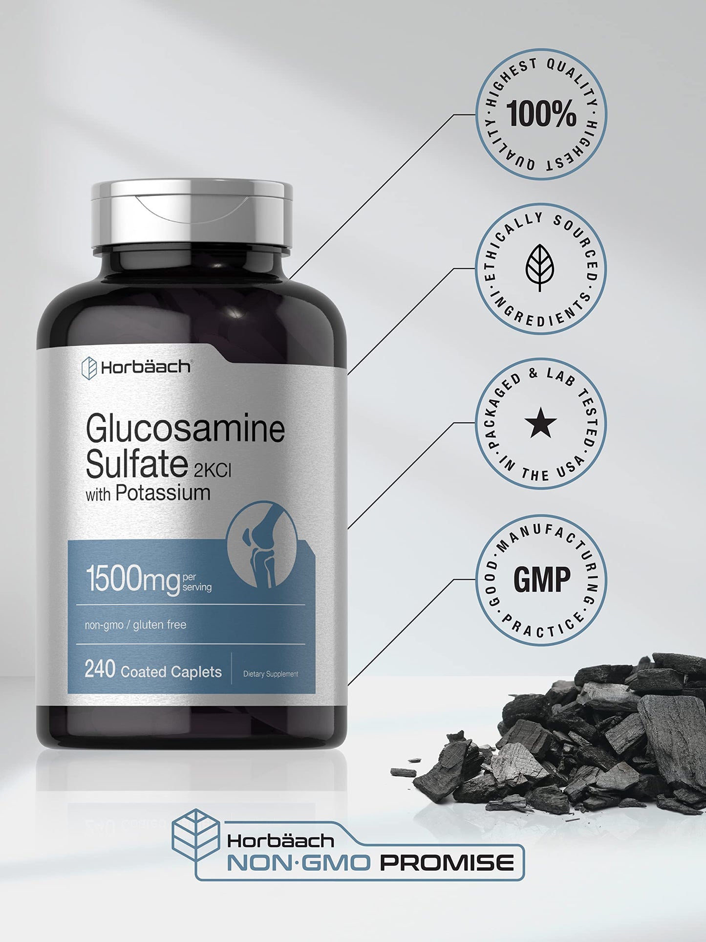 Horbaach Glucosamine Sulfate with Potassium dietary supplement bottle for adult joint mobility support