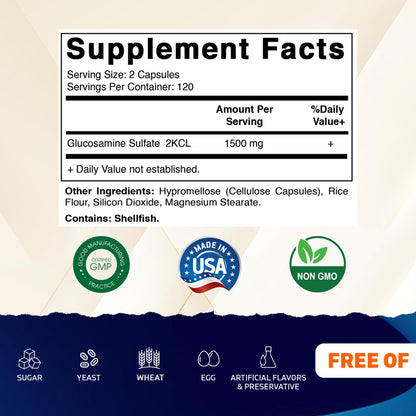Vitamatic Glucosamine Sulfate 240 capsules supplement facts panel labels