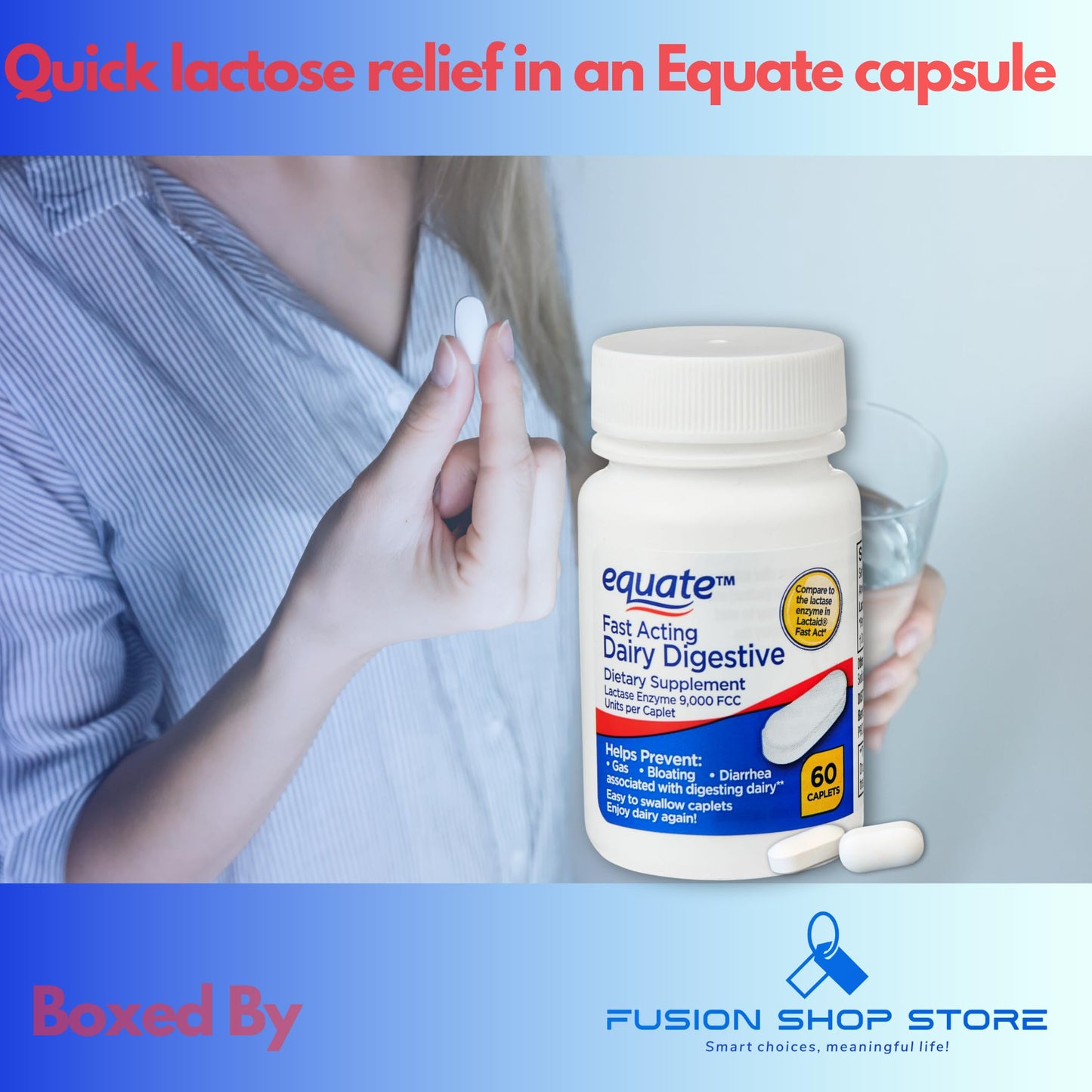 Equate lactase enzyme 9000 FCC units dietary supplement bottle showcasing nutritional label instructions
