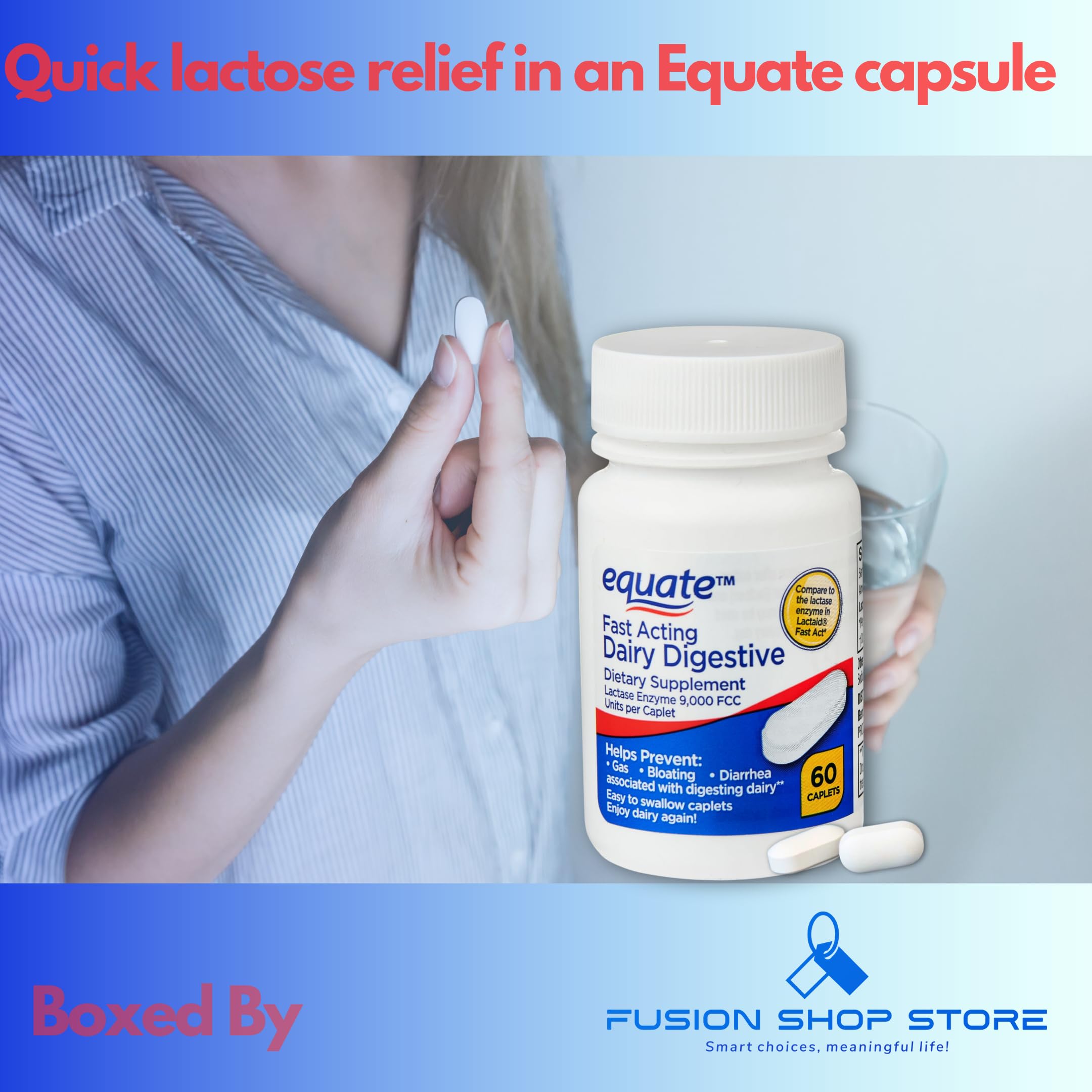 Equate lactase enzyme 9000 FCC units dietary supplement bottle showcasing nutritional label instructions
