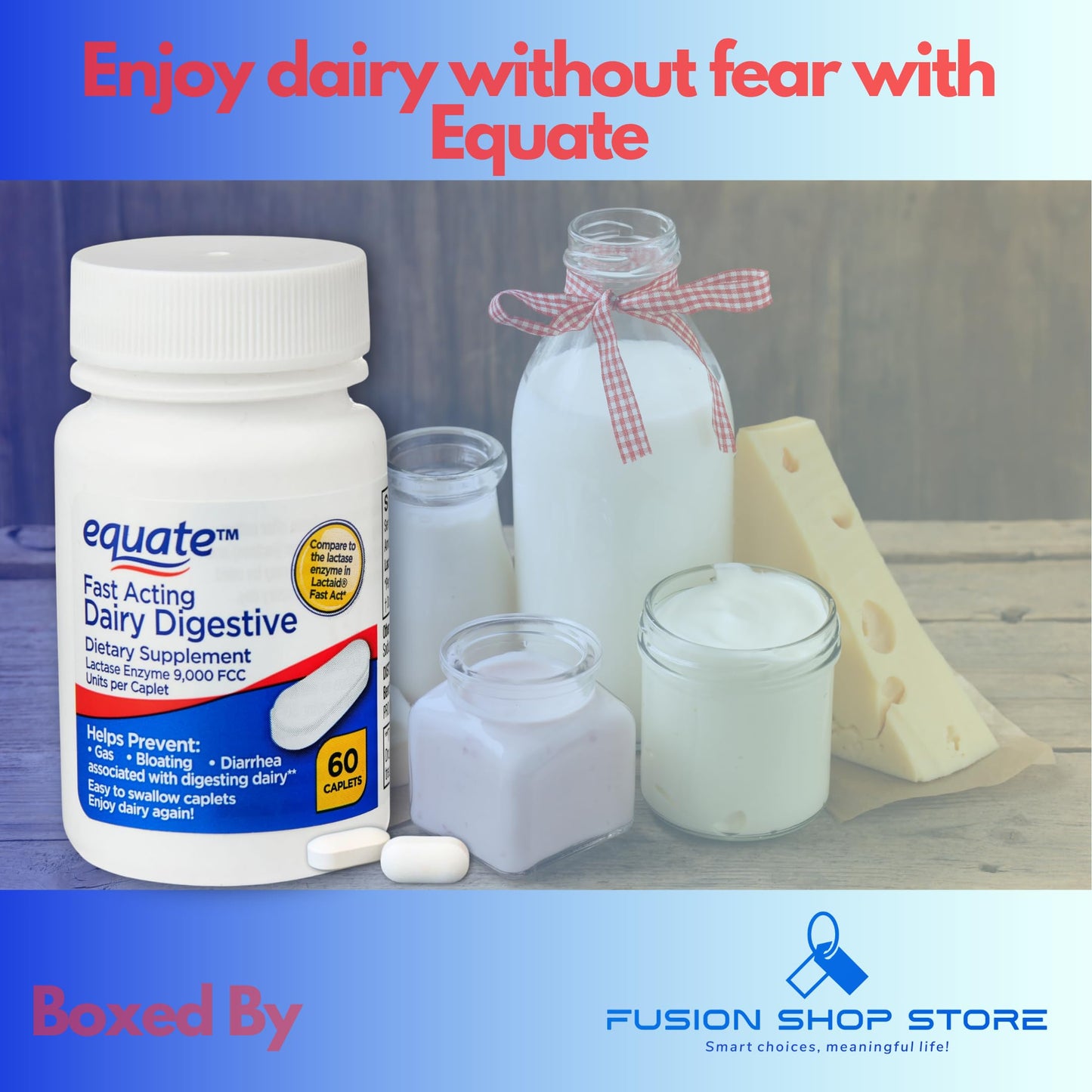 Sixty easy to swallow fast acting lactase caplets container by Equate for smooth digestion