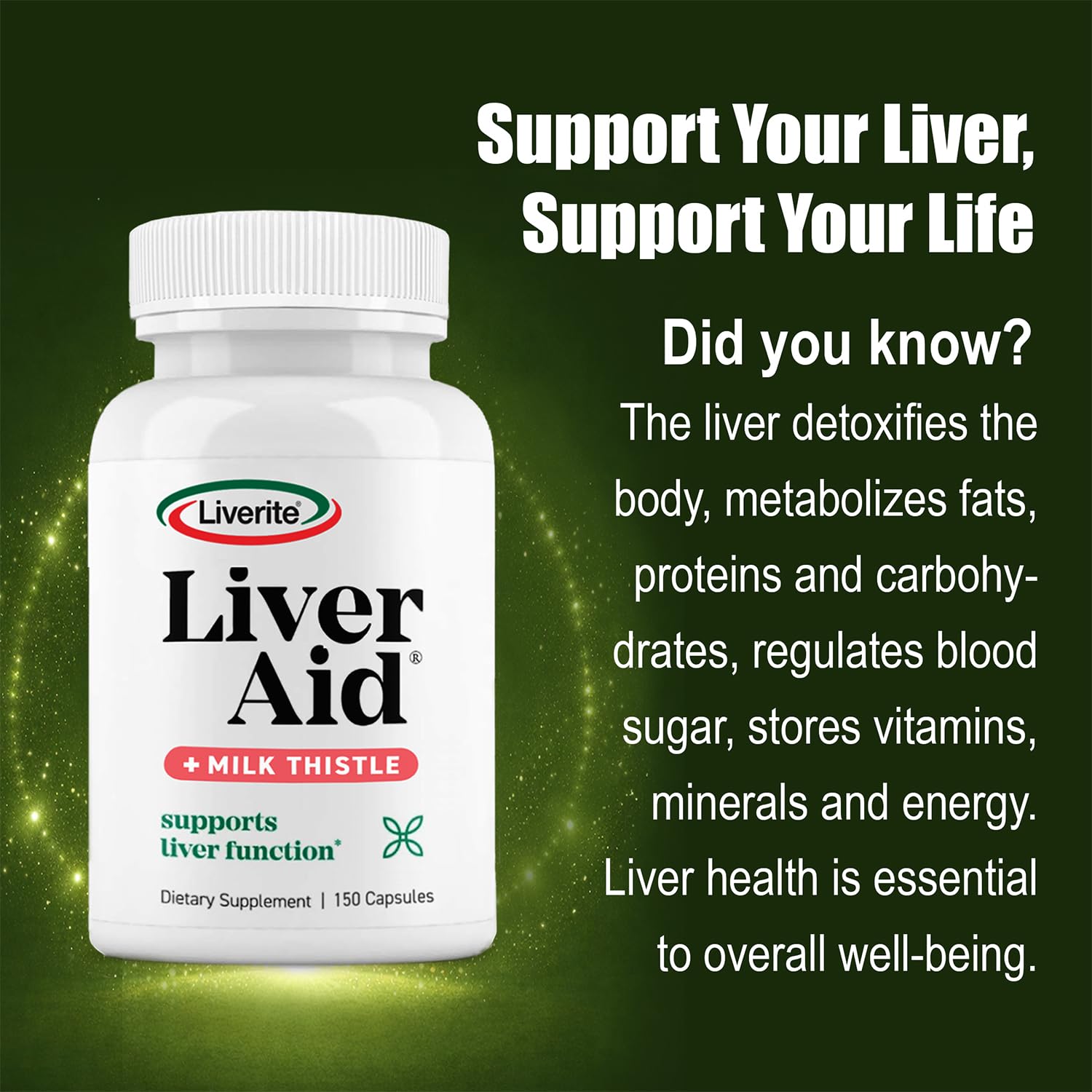 Side profile of Liverite dietary supplement highlighting the ingredient panel and dosage instructions.