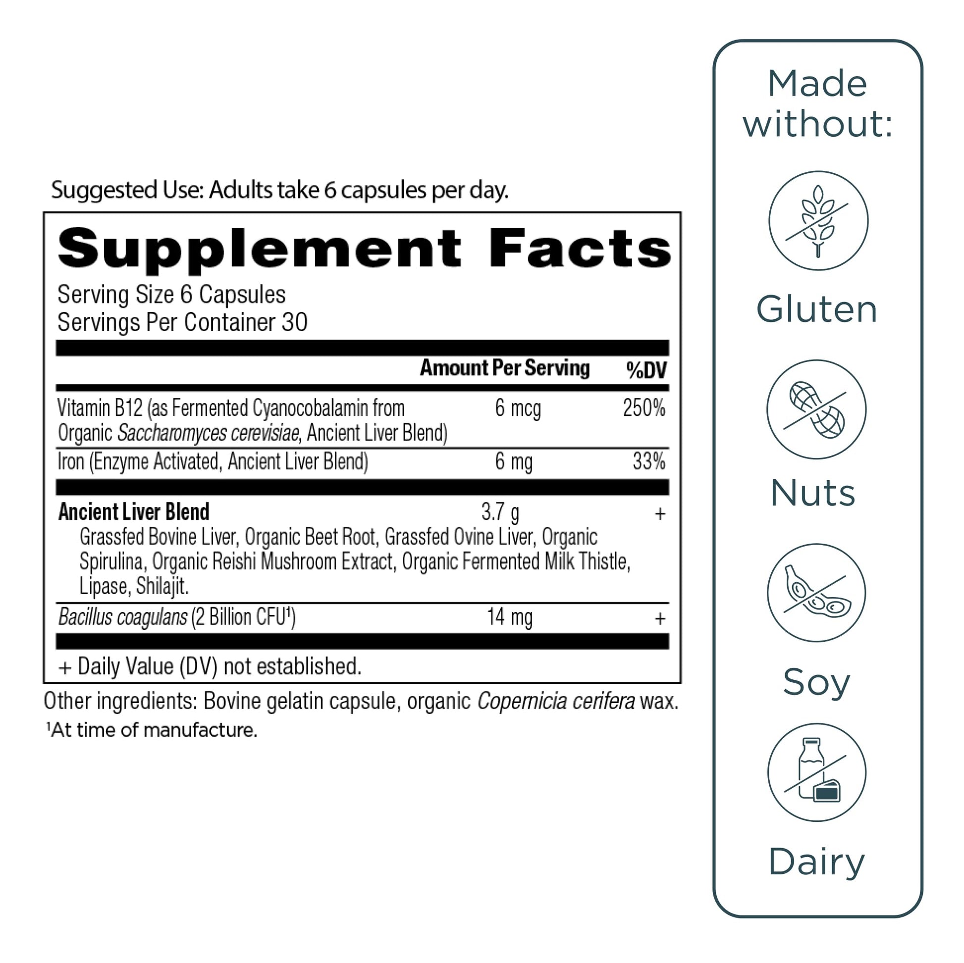 Close-up of Ancient Nutrition 180 capsules bottle for gut and blood health.