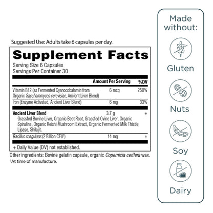 Close-up of Ancient Nutrition 180 capsules bottle for gut and blood health.