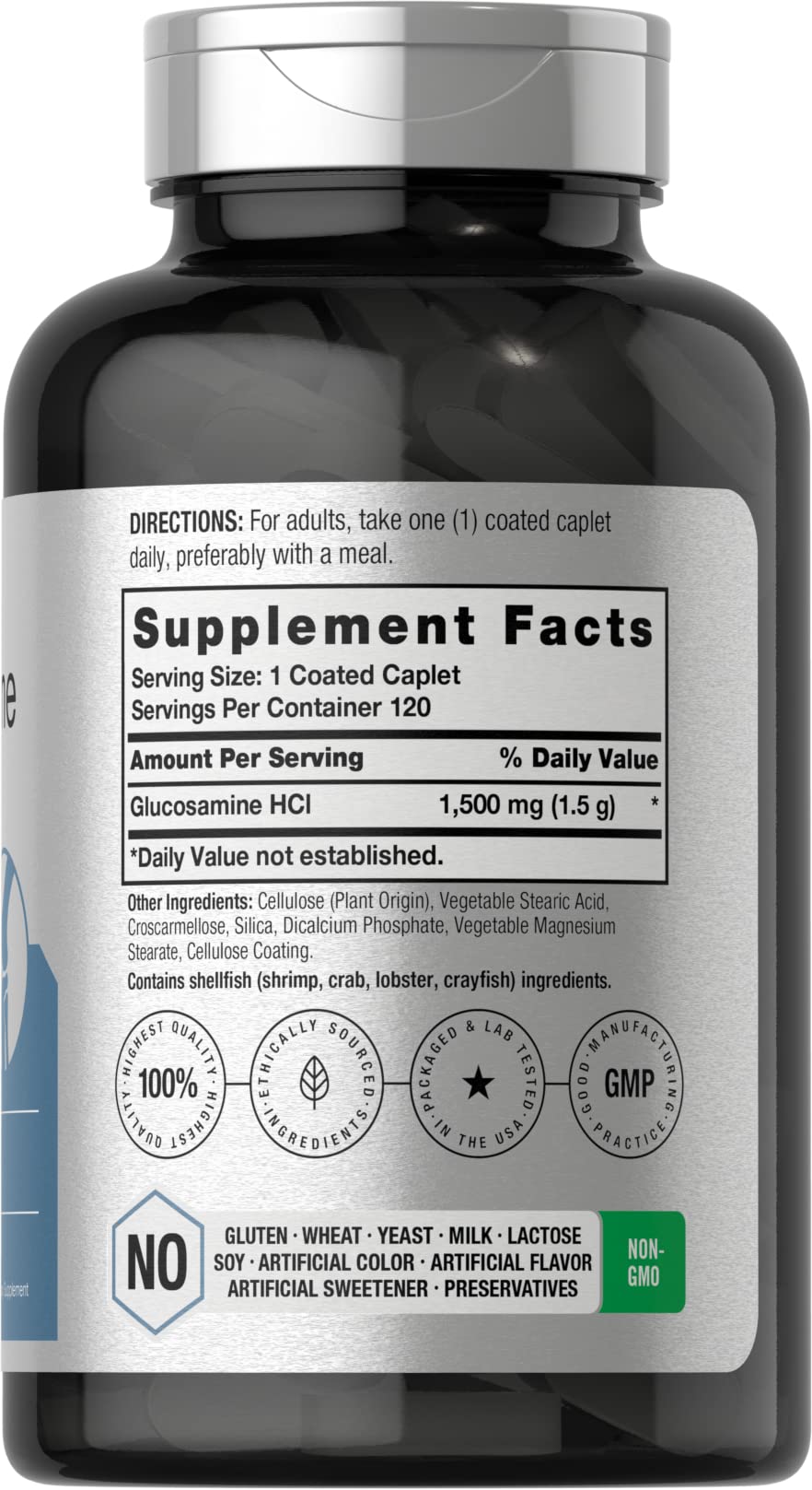 Horbäach Glucosamine Hydrochloride supplement label detailing nutritional facts and non-GMO claims