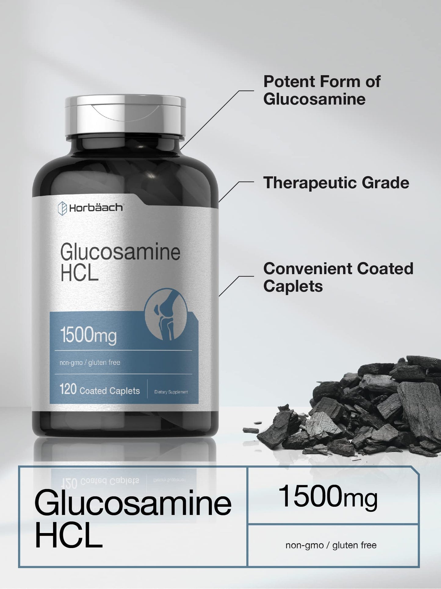 Side view of Horbäach Glucosamine HCL showing bottle dimensions and imported product authenticity seal