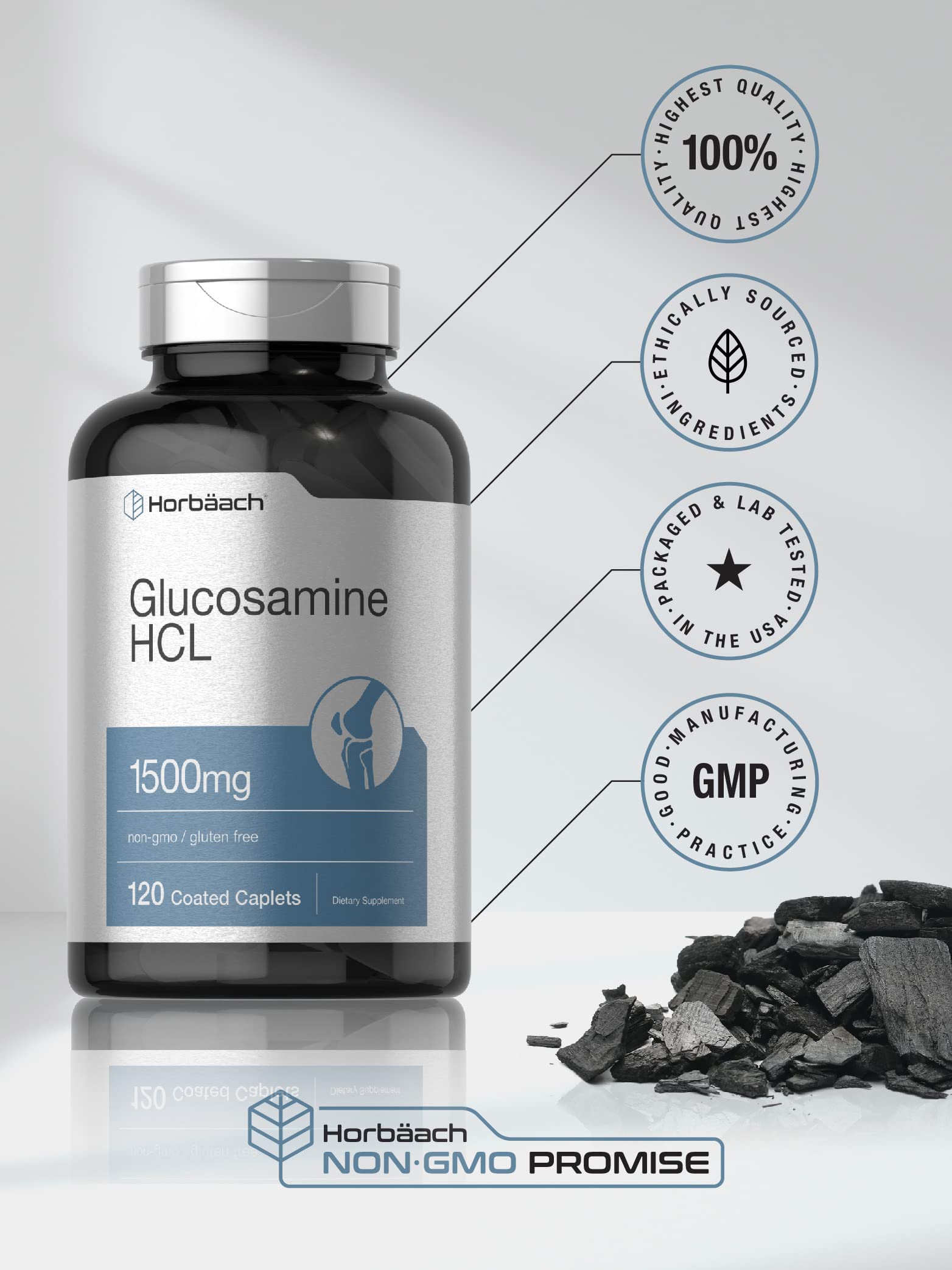 Back label of Horbäach Glucosamine 1500mg displaying allergen warnings and gluten free certifications