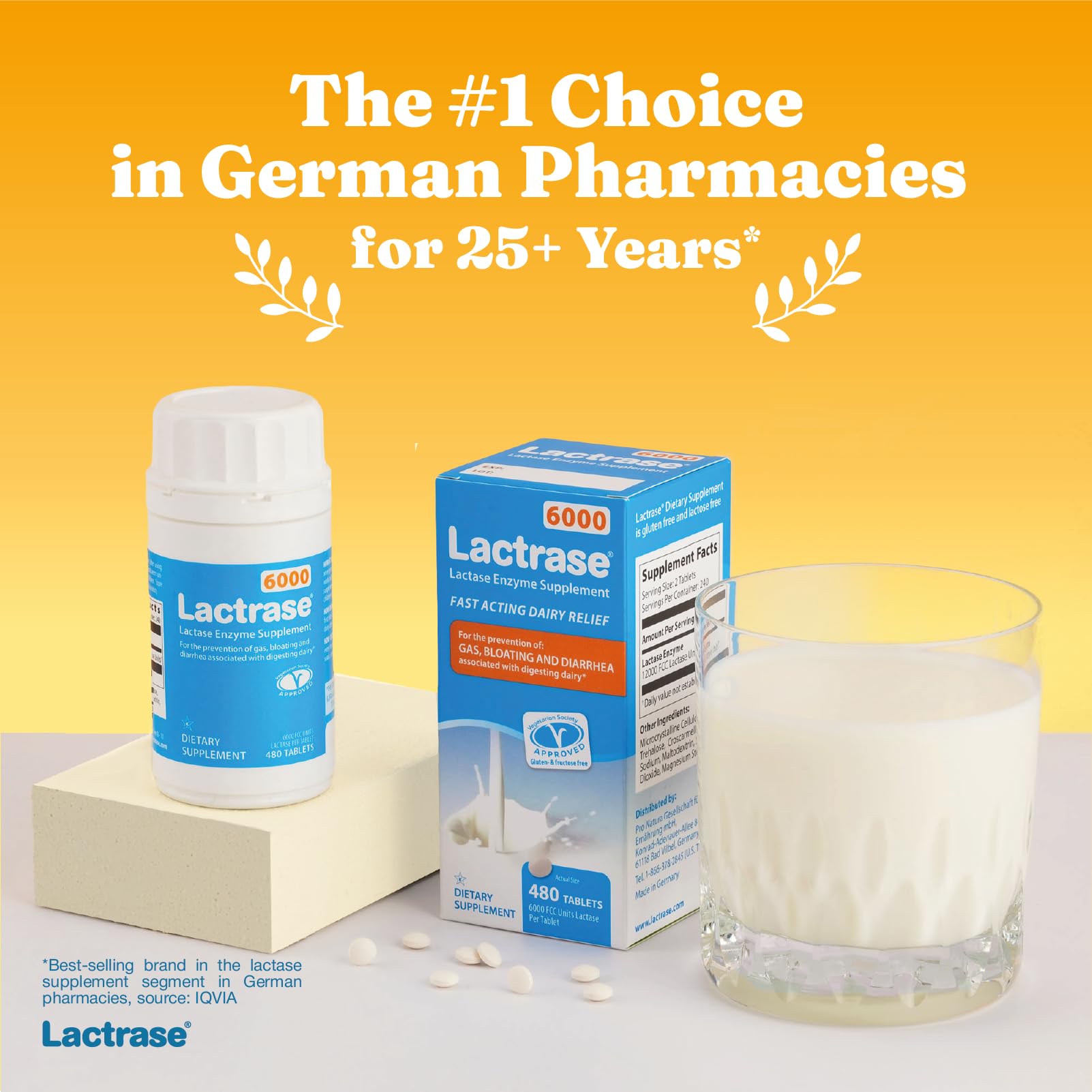 Lactrase 480 fast acting pills packaging showing vegetarian and gluten free labels