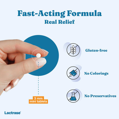 Side view of Lactrase 6000 FCC supplement bottle showing imported ingredients and dosage details