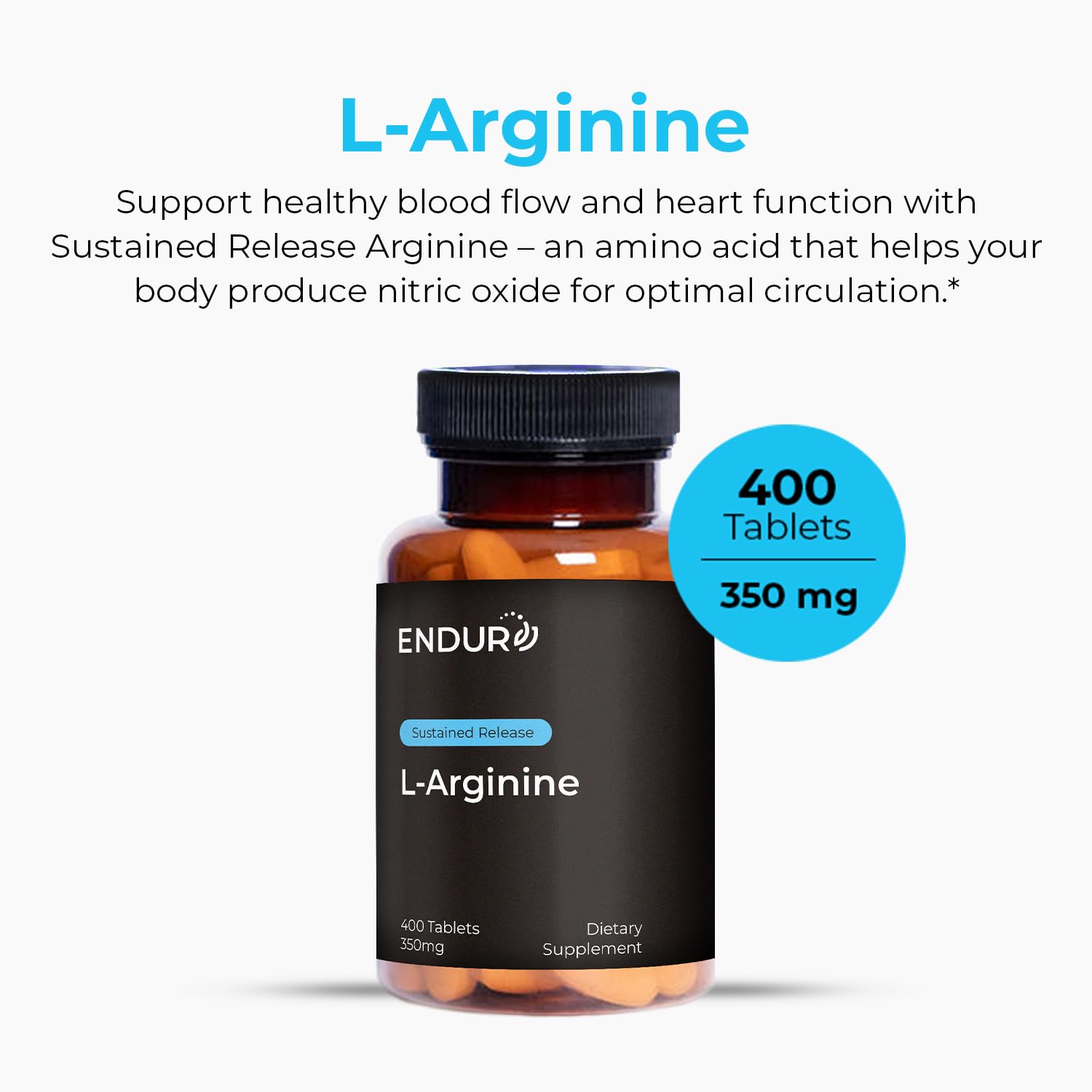 Endur L-Arginine 350 milligrams 400 tablets bottle angle view displaying brand information