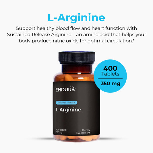Endur L-Arginine 350 milligrams 400 tablets bottle angle view displaying brand information