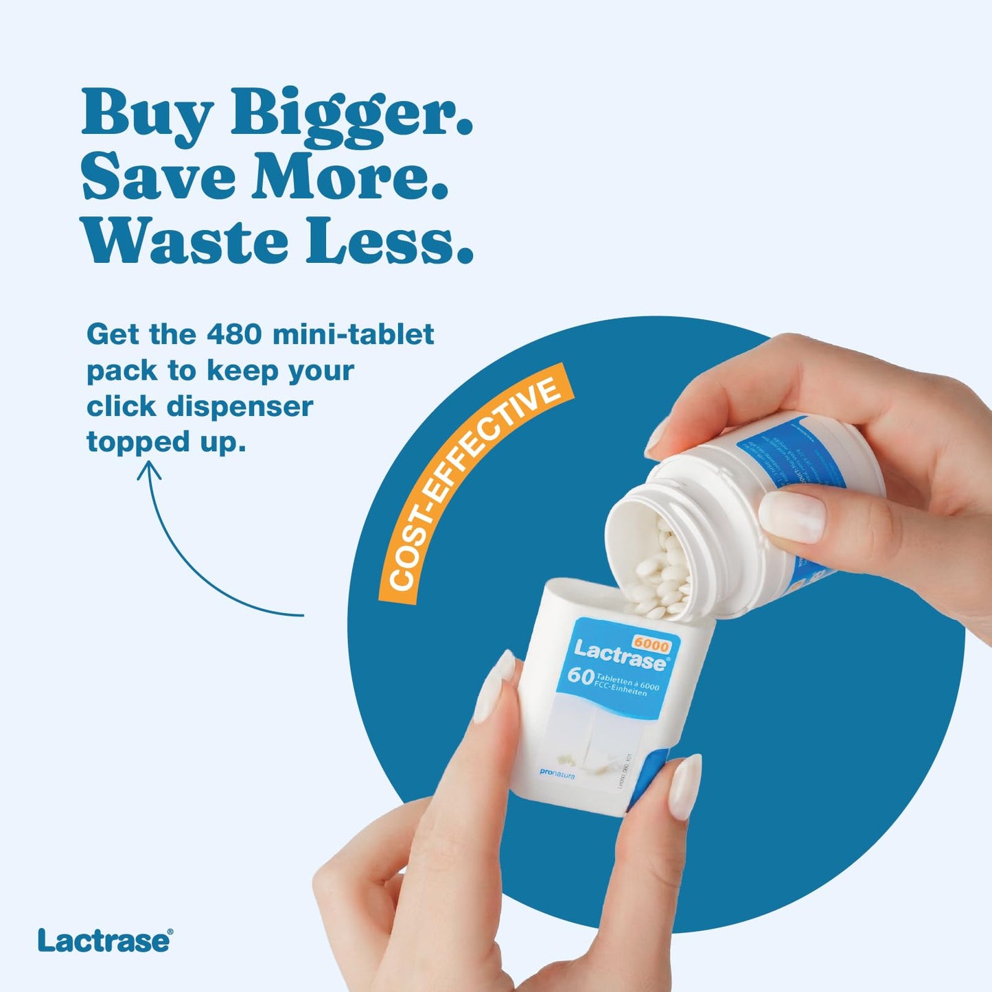 Lactrase 6000 FCC pills showing 480 tablets quantity for lactose intolerance support
