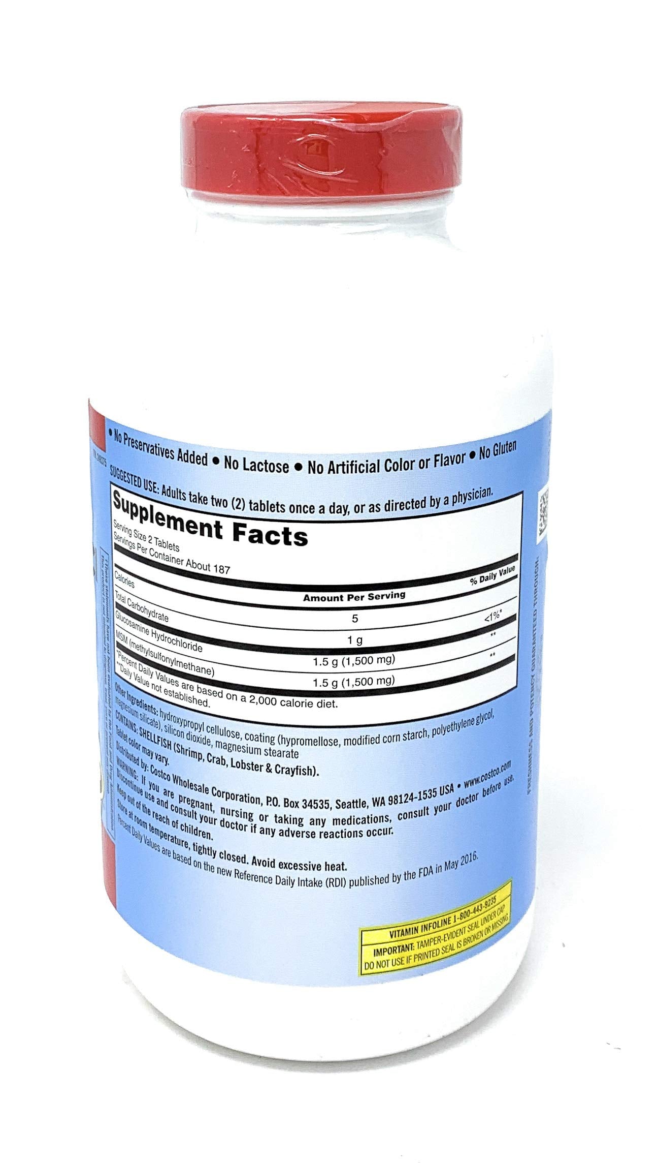 Kirkland Signature Glucosamine and MSM 375 tablets side label showing ingredients and USP verification