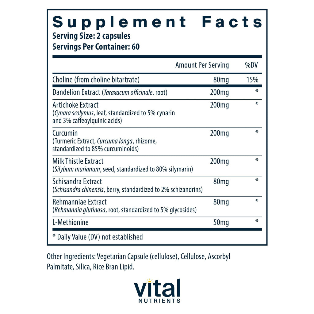 Vital Nutrients liver supplement capsule count and label details