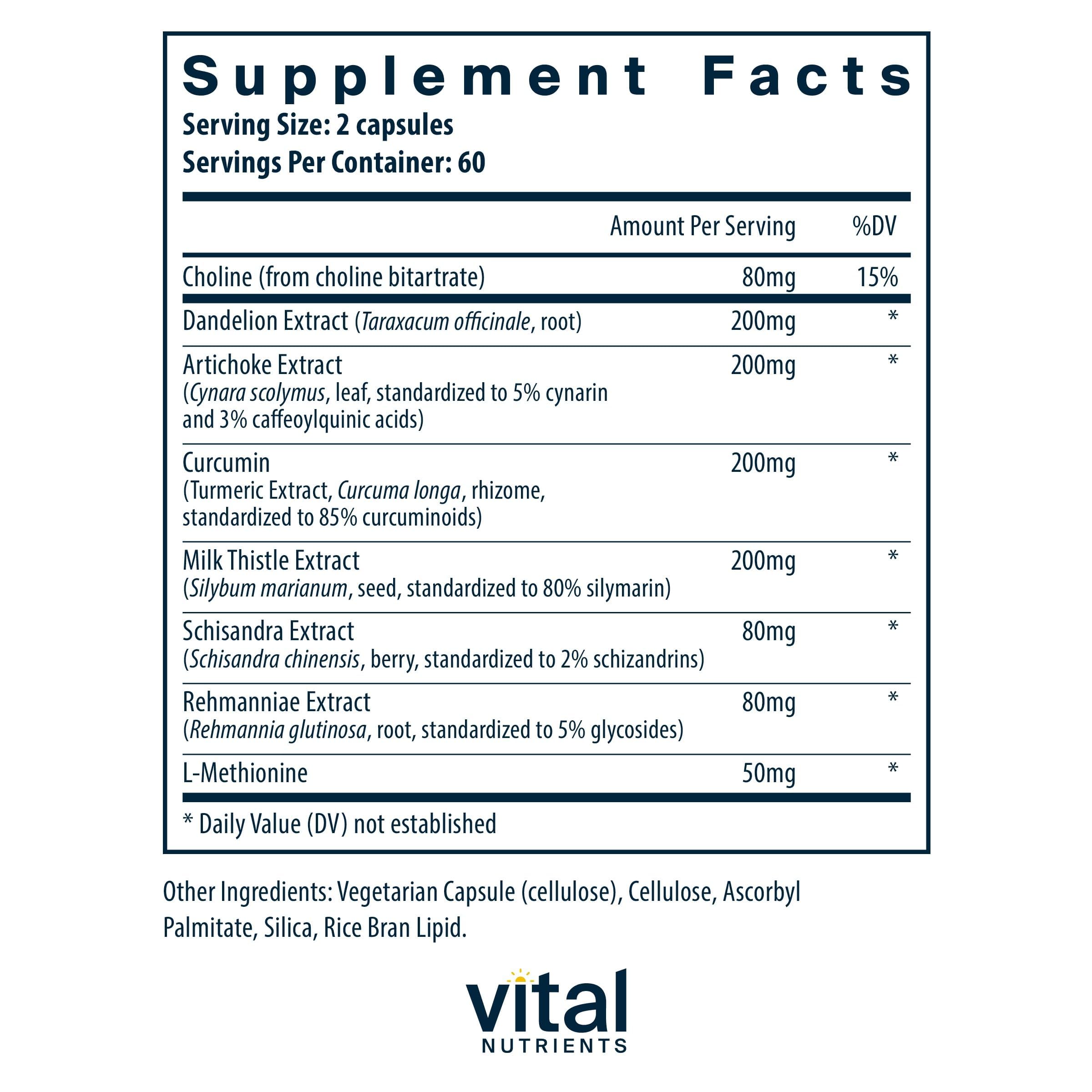 Vital Nutrients Liver Support supplement label details indicating gluten-free and dairy-free verification