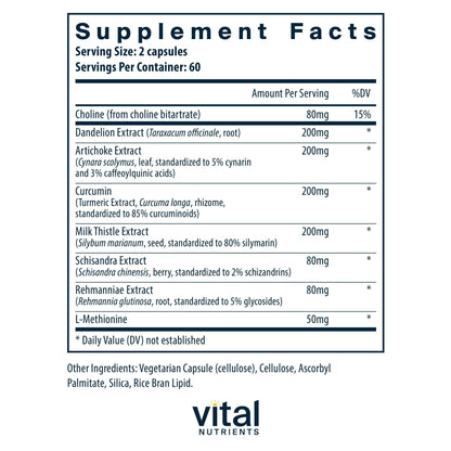 Vital Nutrients Liver Support supplement label details indicating gluten-free and dairy-free verification