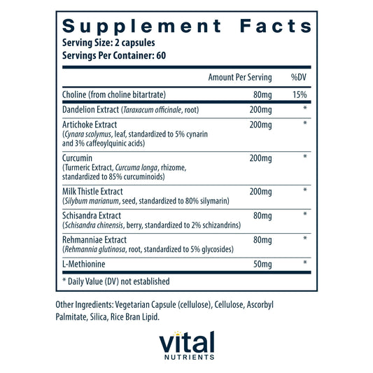 Vital Nutrients Liver Support supplement label details indicating gluten-free and dairy-free verification