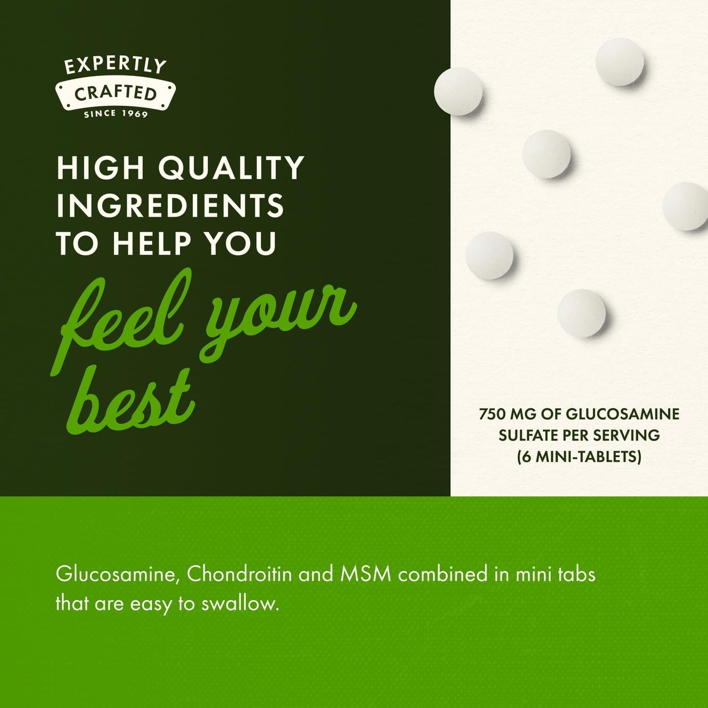 Close up view of the 360 count packaging of Swanson glucosamine chondroitin mini tablets.