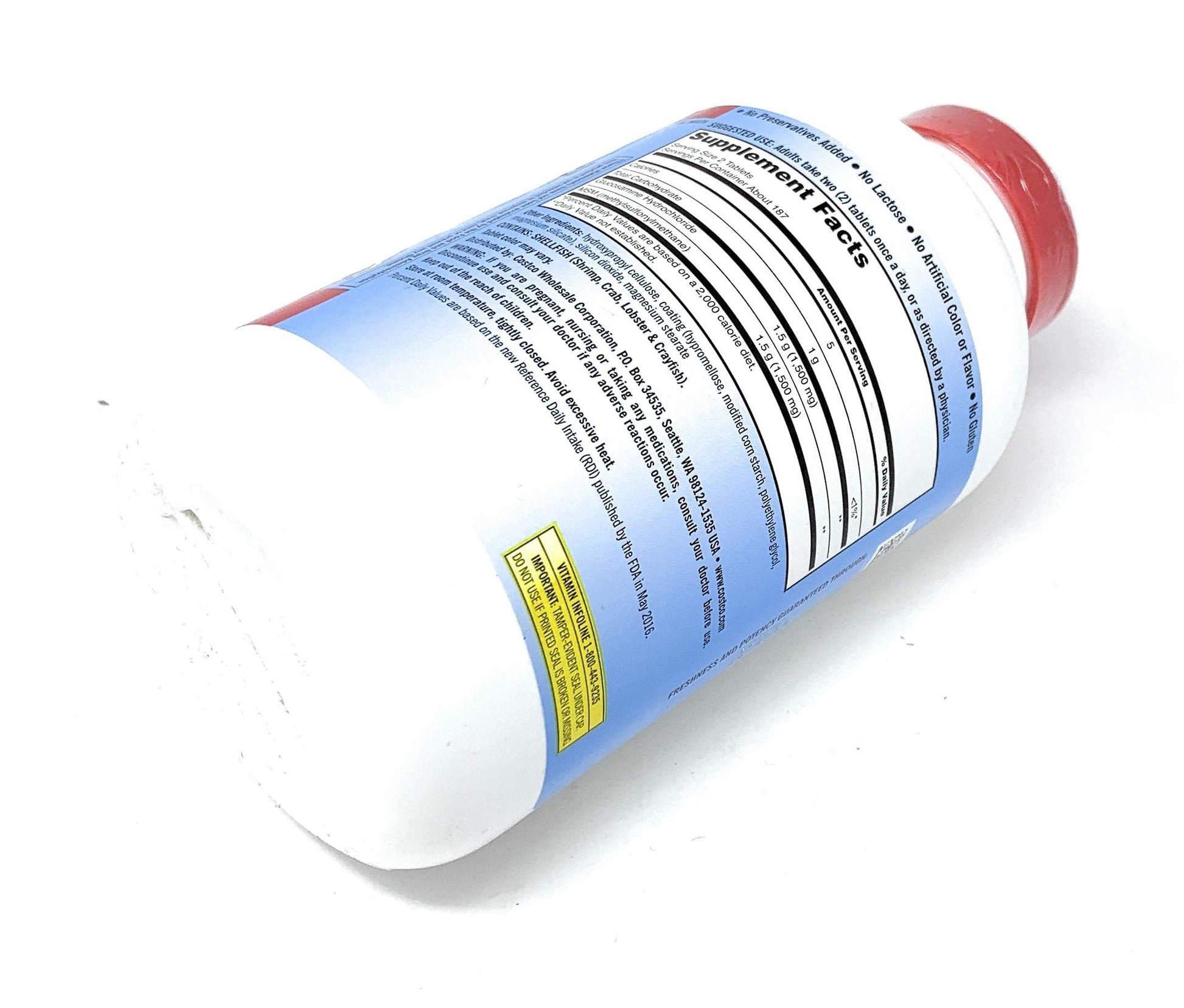 Kirkland Signature Extra Strength Glucosamine bottle packaging detail highlighting capsule serving size