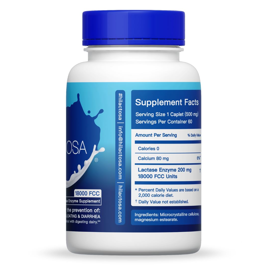 Hi! LACTOSA dairy digestion supplement bottle showing the 18,000 FCC lactase enzyme strength label