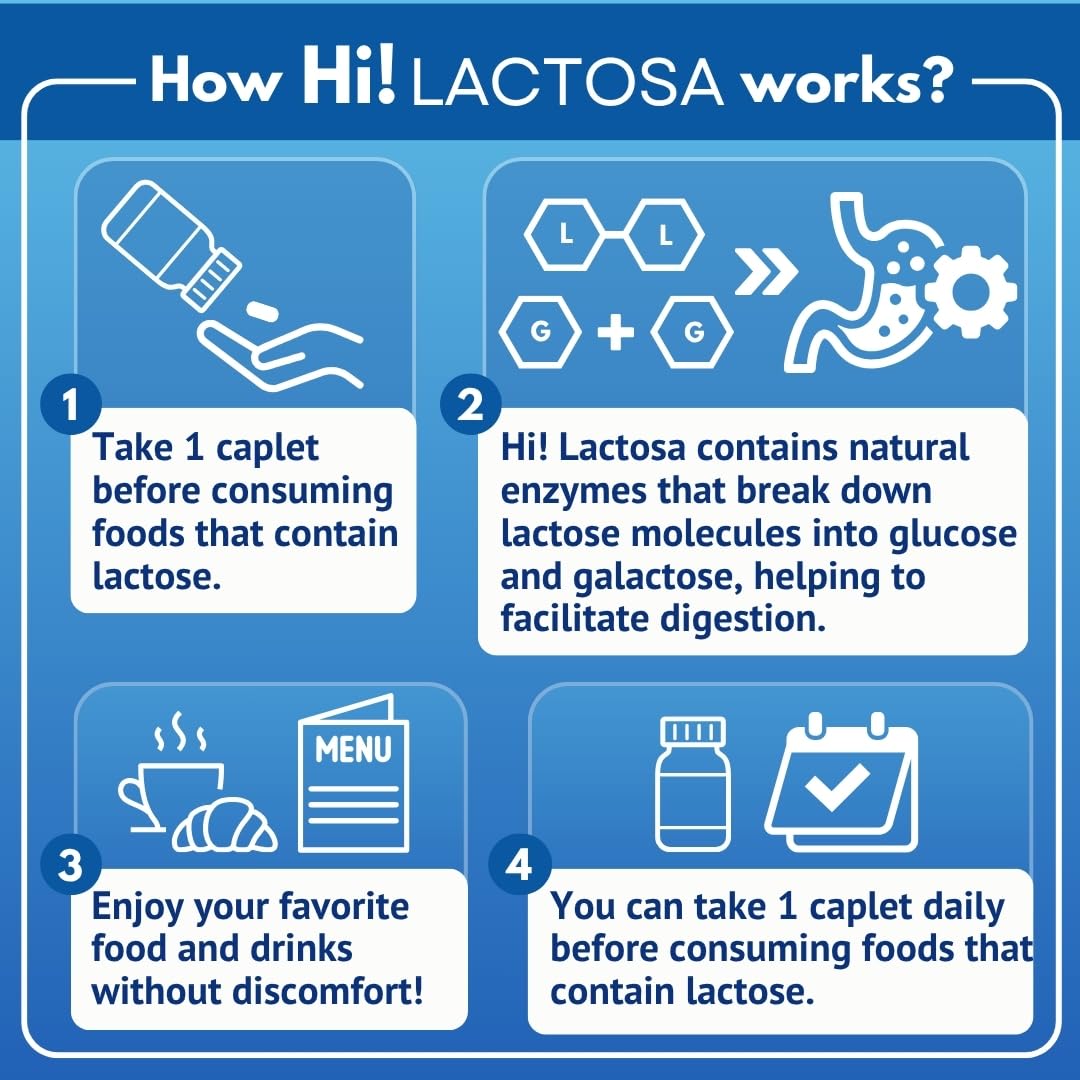 Hi! LACTOSA unflavored extra thin portable caplets packaging for easy swallowing